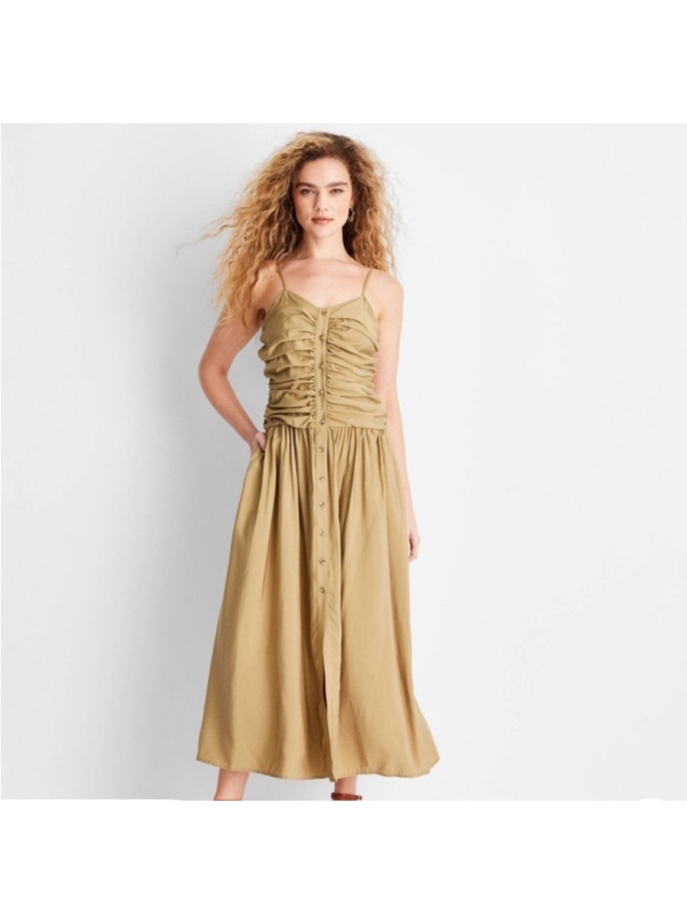 Future Collective Ruched Button-Front Spaghetti-Strap Midi Dress in Shiny Tan